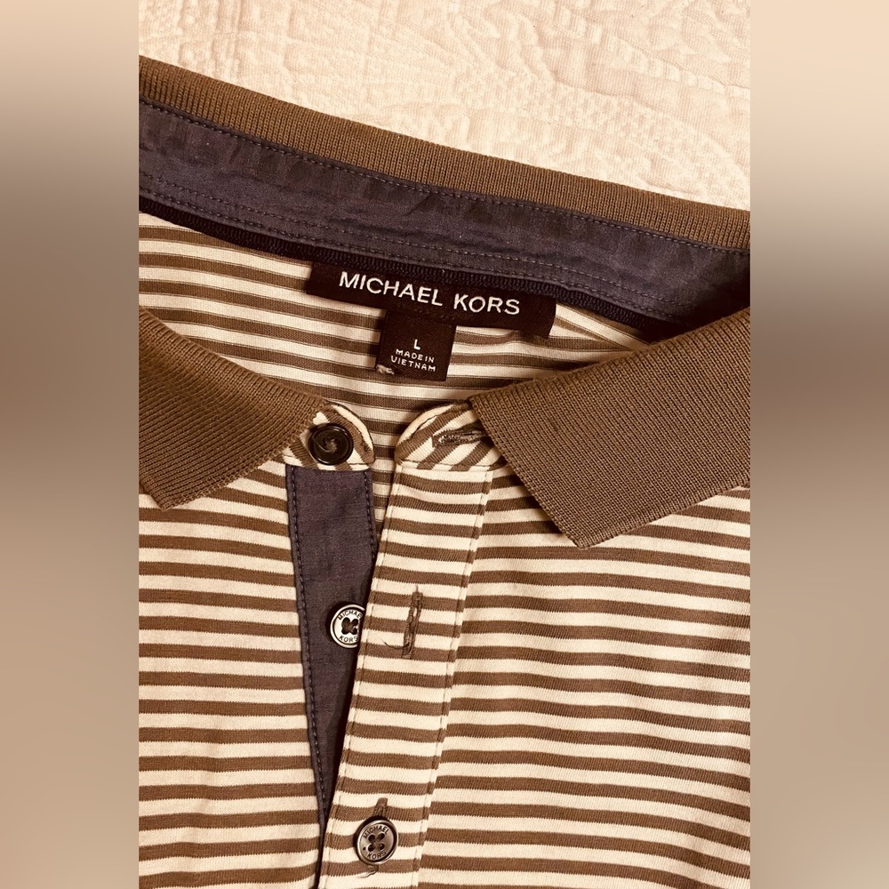 Michael Kors Feeder Stripe Regular Fit Chambray Polo, Grey size Large